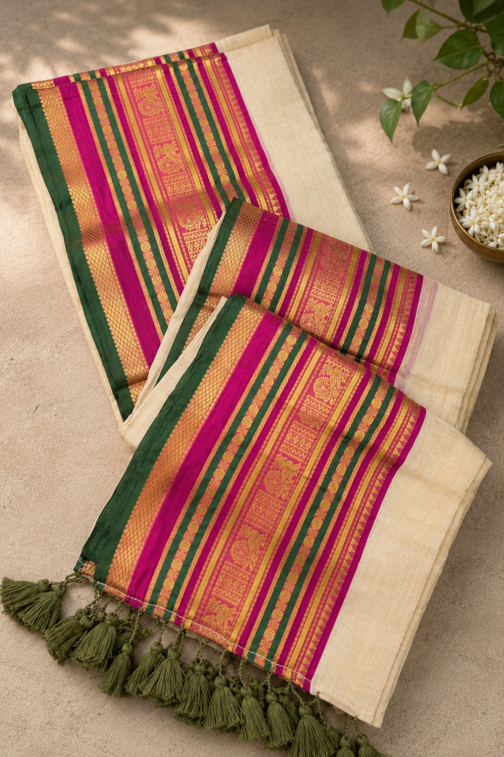 Off White 120 Count Mul Mul Cotton Saree with Pink & Green Zari Border