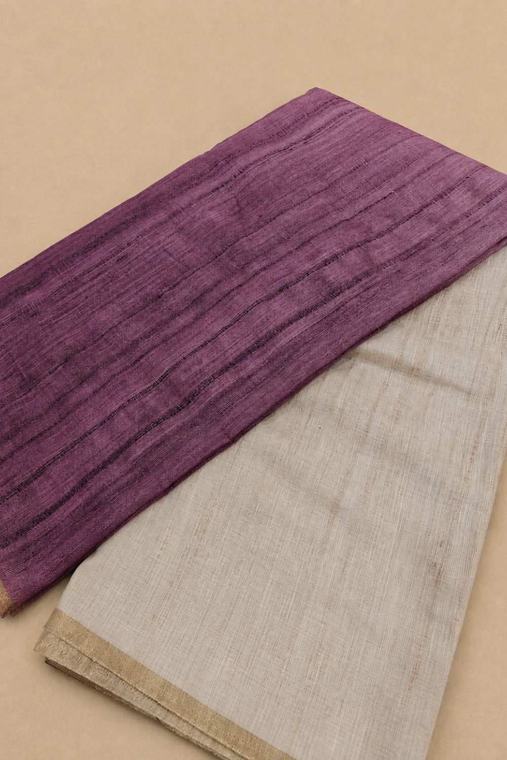 Dusty Mauve Jute Linen Saree with Striped Pallu & Kalamkari Printed Blouse