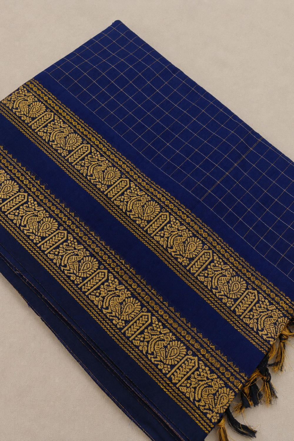 Royal Navy Blue Kanchi Cotton Saree with Gold Zari-Inspired Border & Checks