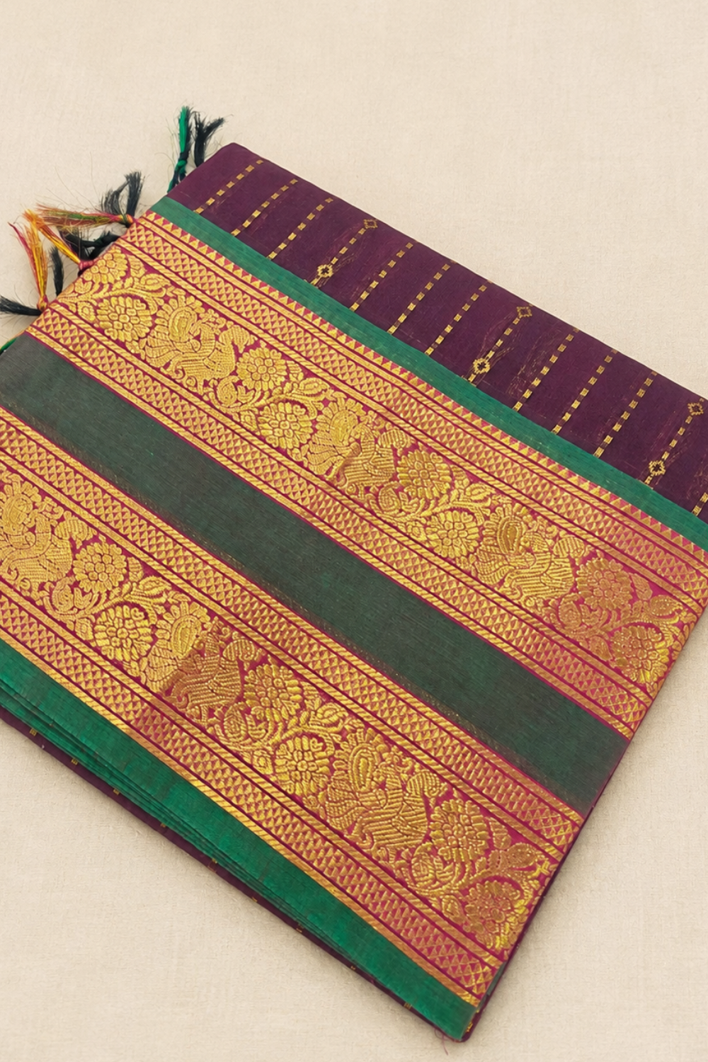 Deep Wine Chettinad Cotton Saree with Traditional Zari Border