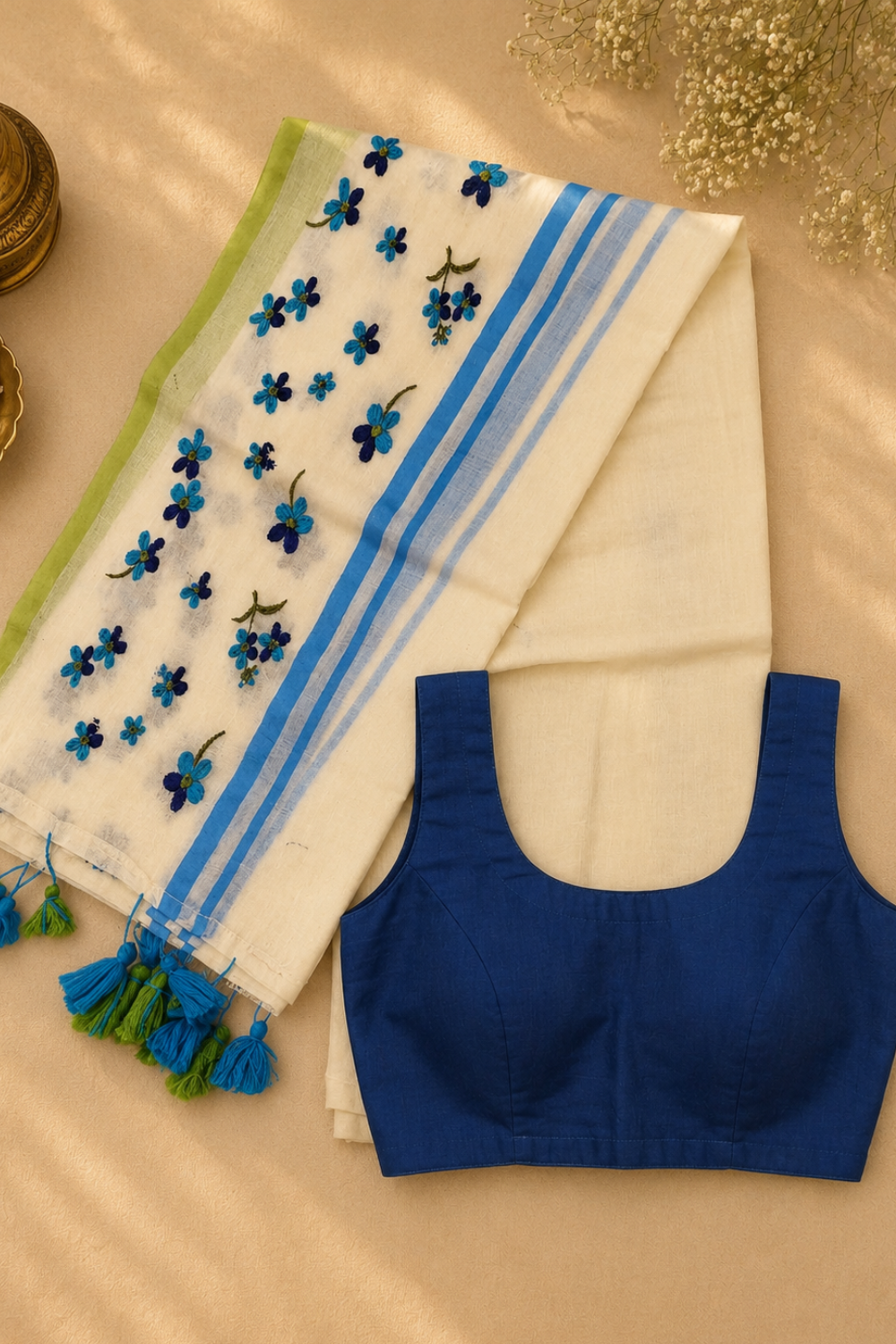 Off White 120 Count Mul Mul Cotton Saree with Blue Floral Embroidery