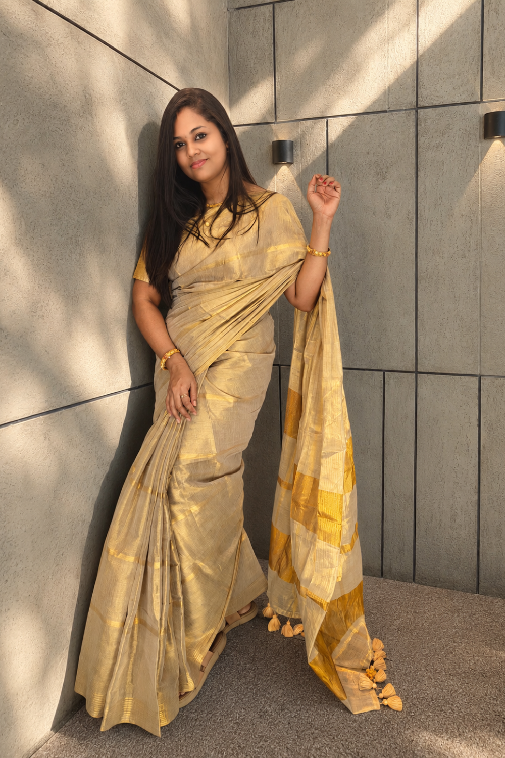 Golden Linen Tissue Saree with Zari Border & Tassel Pallu