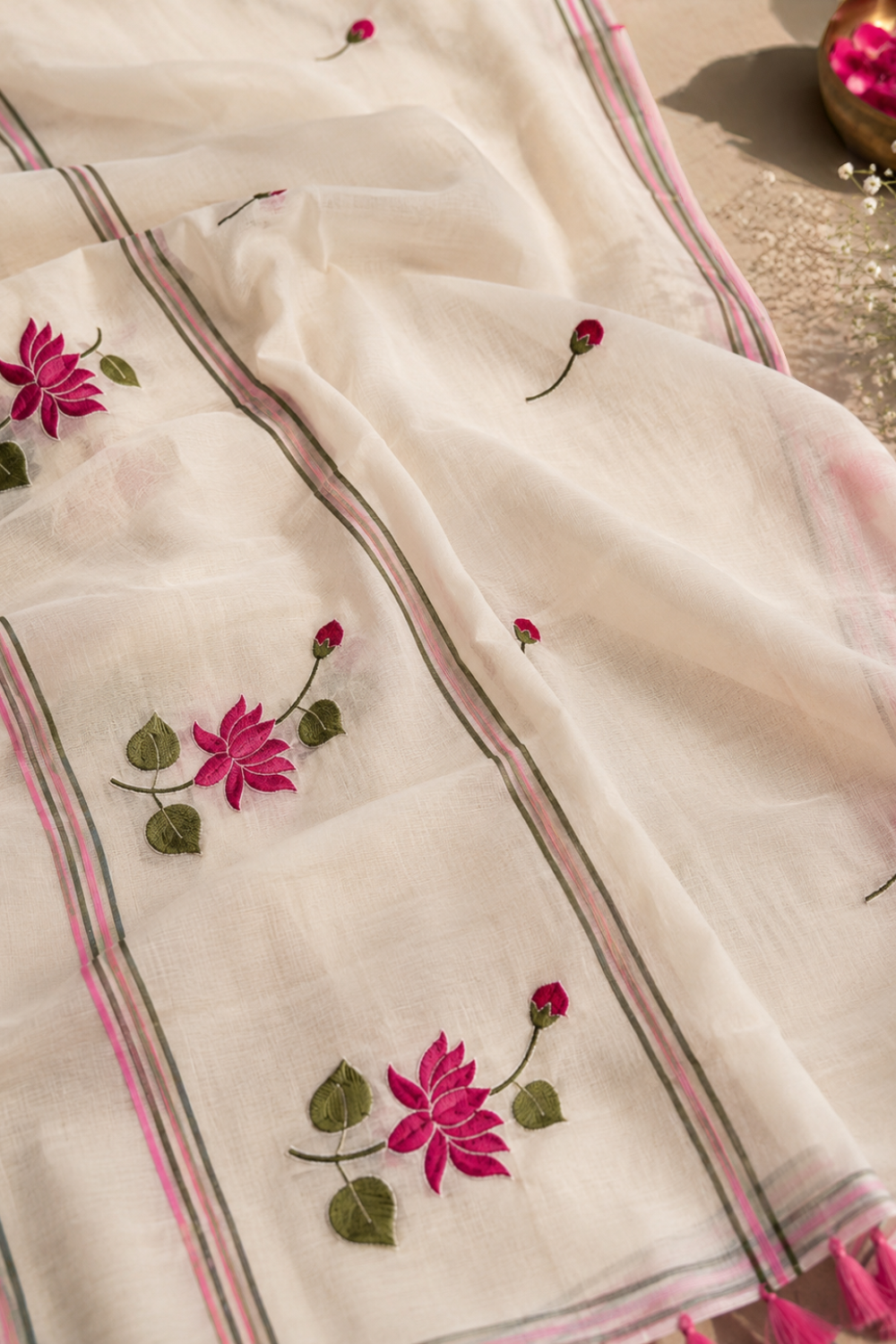White Mul Mul Cotton Saree with Pink Lotus Embroidery