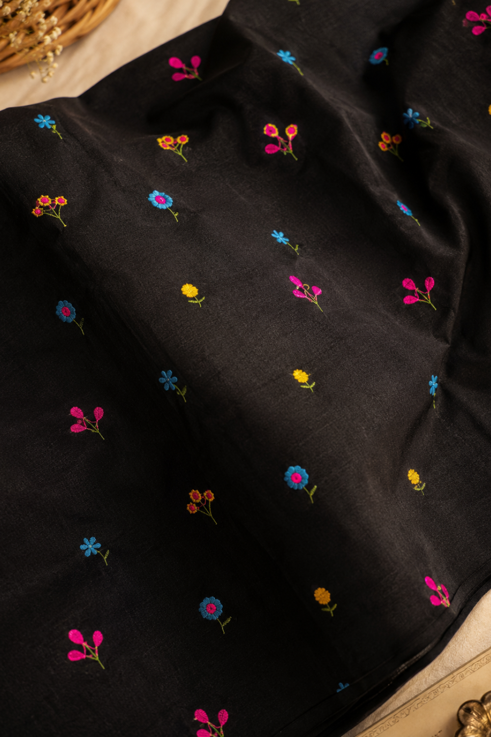 Black Linen Cotton Saree with Multicolour Floral Embroidery