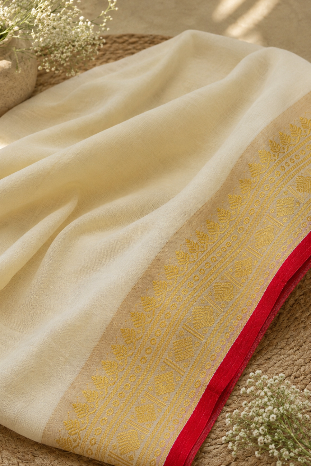 Off White 120 Count Mul Mul Cotton Saree with Gold Zari Border & Red Selvedge