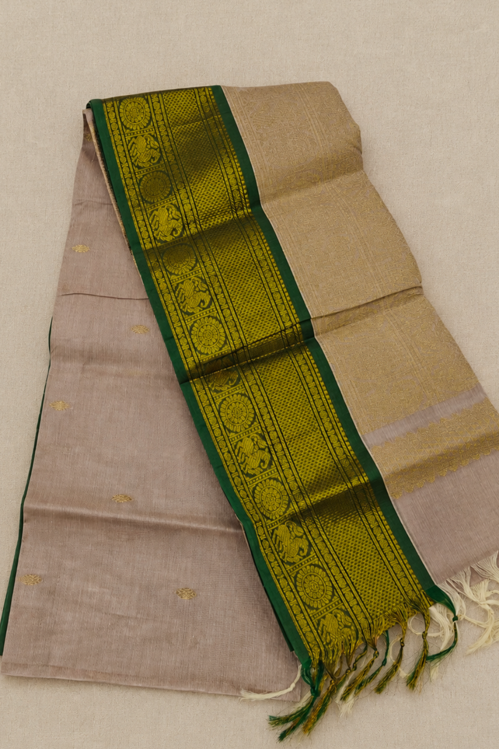 Elegant Beige Chettinad Cotton Saree with Green & Gold Zari Border