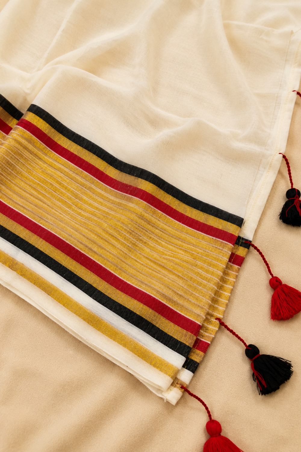 Off White Mul Mul Cotton Saree with Black & Red Temple Border