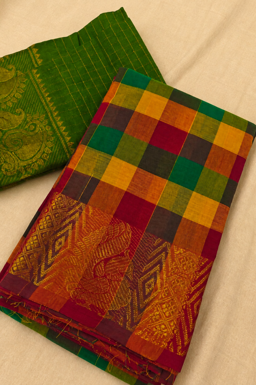 Madras Checks Cotton Saree with Traditional Gold Zari Border