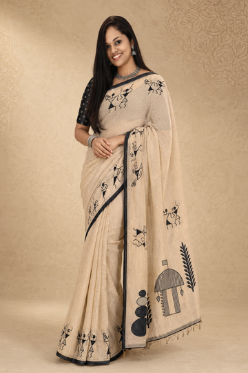 Beige Warli Print Linen Blend Saree with Black Border