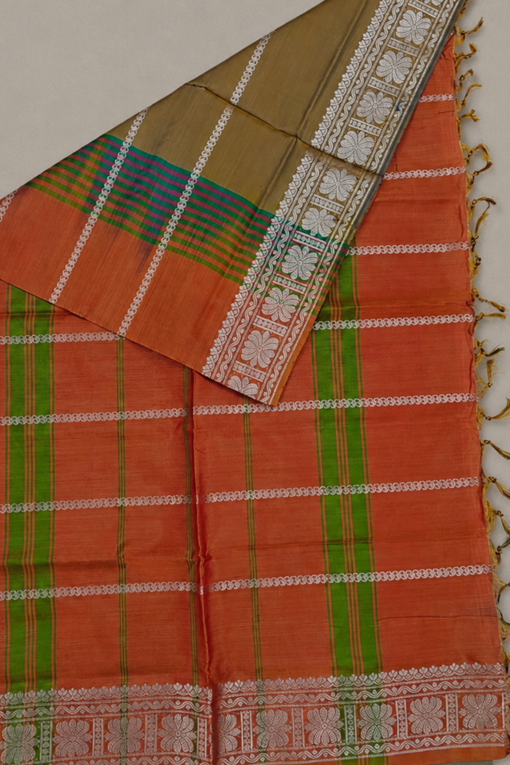 Olive Green & Rust Orange Vegan Silk Saree with Silver Zari Floral Border