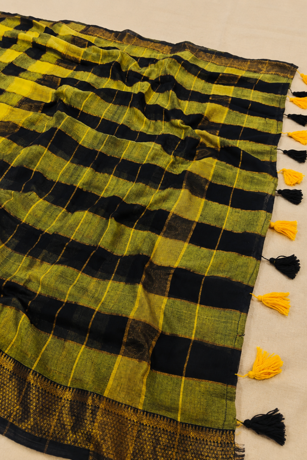 Black and Mustard Mul Mul Cotton Checked Saree