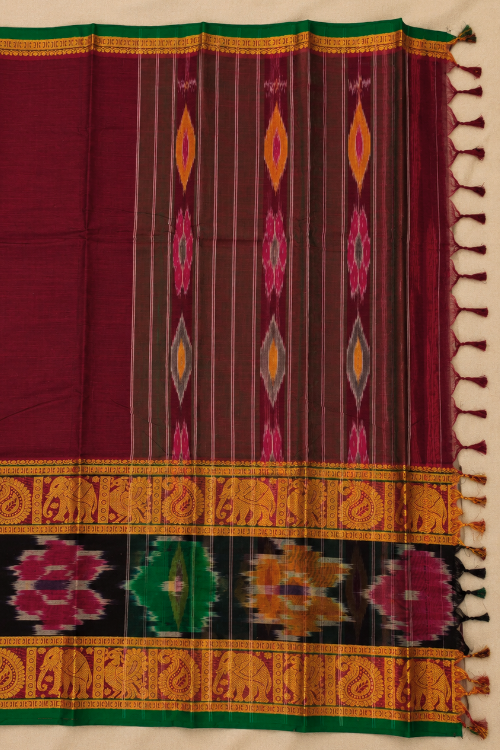 Maroon Narayanpet Cotton Saree with Pochampally-Inspired Ikat & Elephant Motif Border