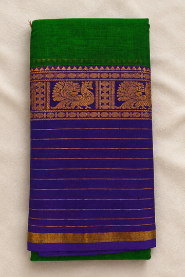 Emerald Green & Purple Narayanpet Cotton Saree with Traditional Gold Zari Border