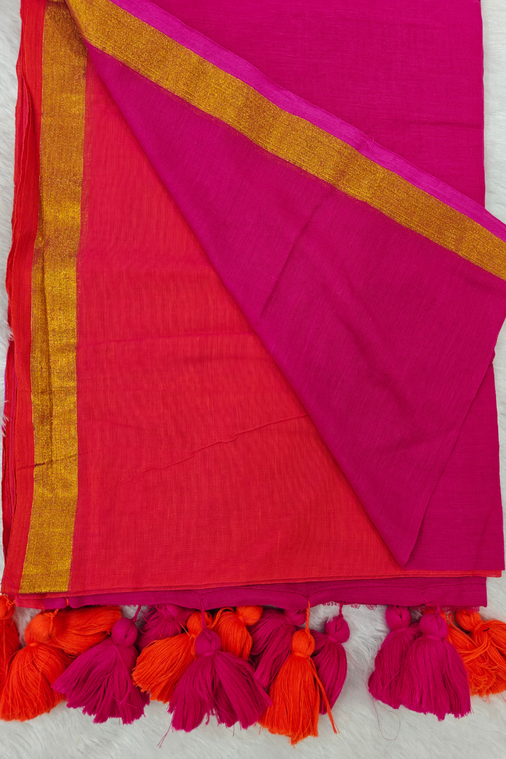 Coral Pink & Fuchsia Mul Mul Cotton Saree with Zari Border & Tassel Pallu