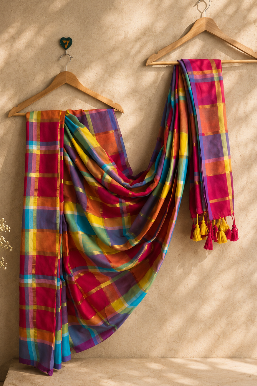 Multicolour Checked Mul Mul Cotton Saree