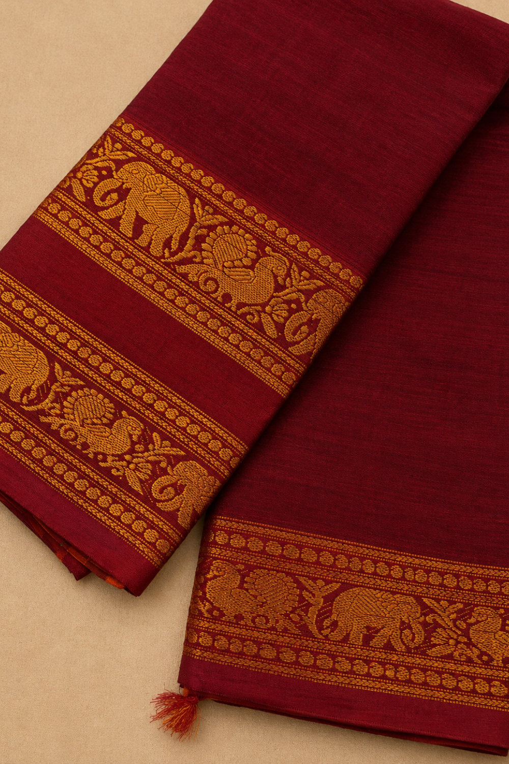 Maroon Narayanpet Cotton Saree with Traditional Gold Zari Border & Running Blouse