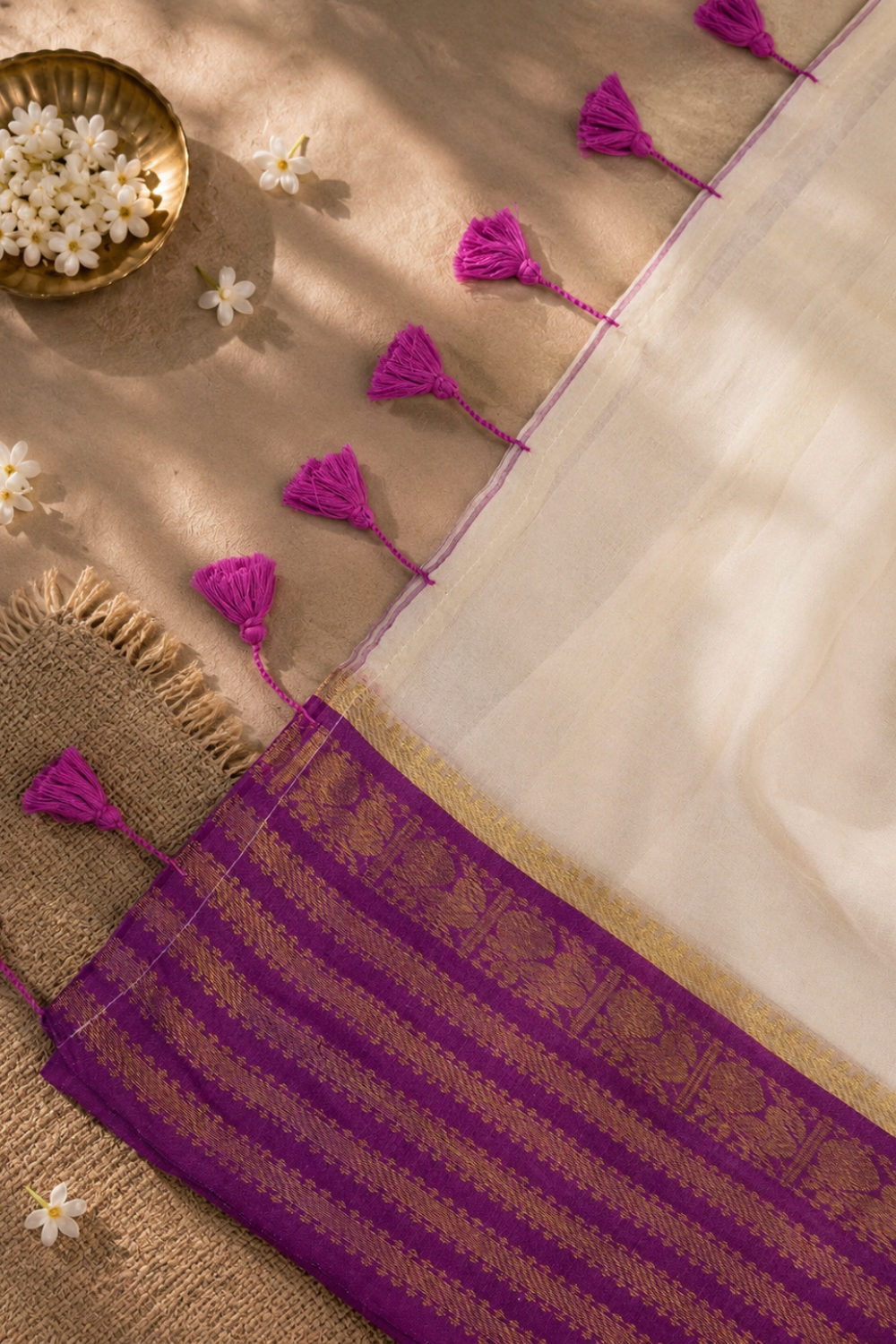 Off White 120 Count Mul Mul Cotton Saree with Purple & Gold Zari Border