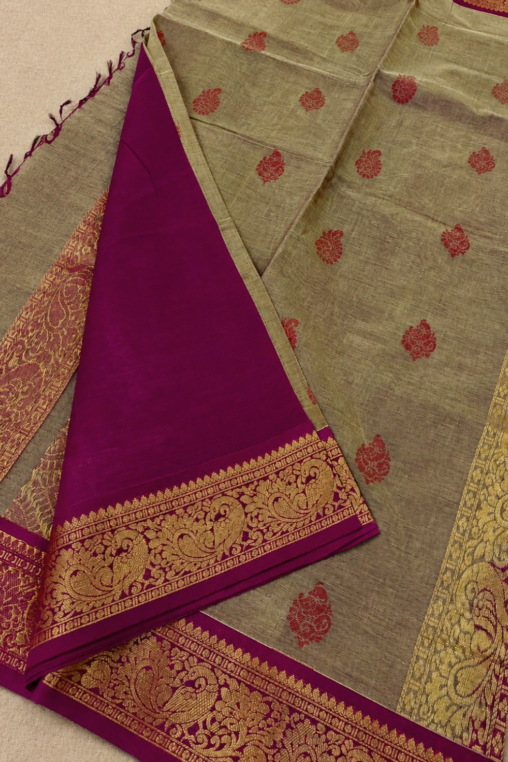 Taupe Beige Chettinad Cotton Saree with Magenta & Antique Gold Border