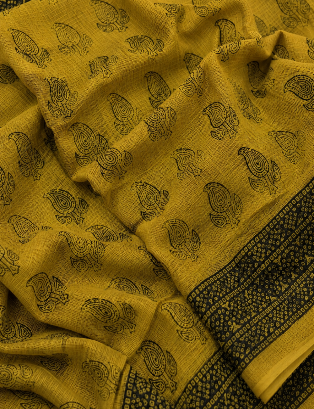 Mustard Yellow Mango Bagru Handblock Kota Doriya Saree