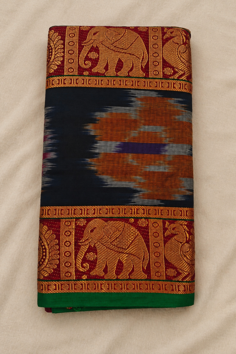 Maroon Narayanpet Cotton Saree with Pochampally-Inspired Ikat & Elephant Motif Border