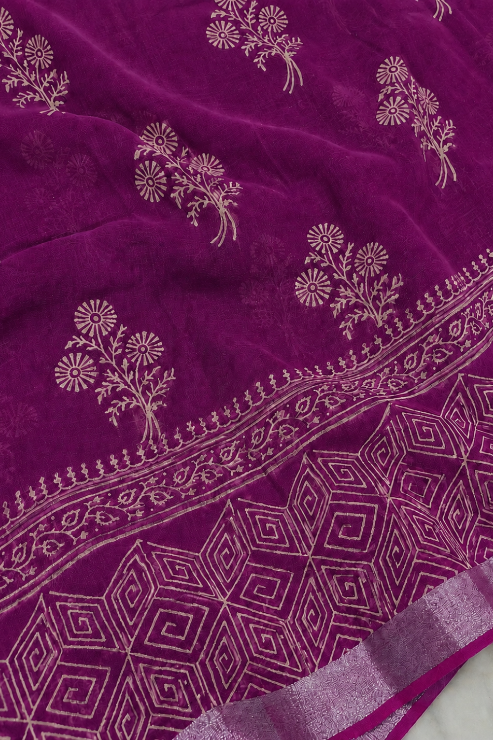 Wine Magenta Linen Saree with Traditional Block Print