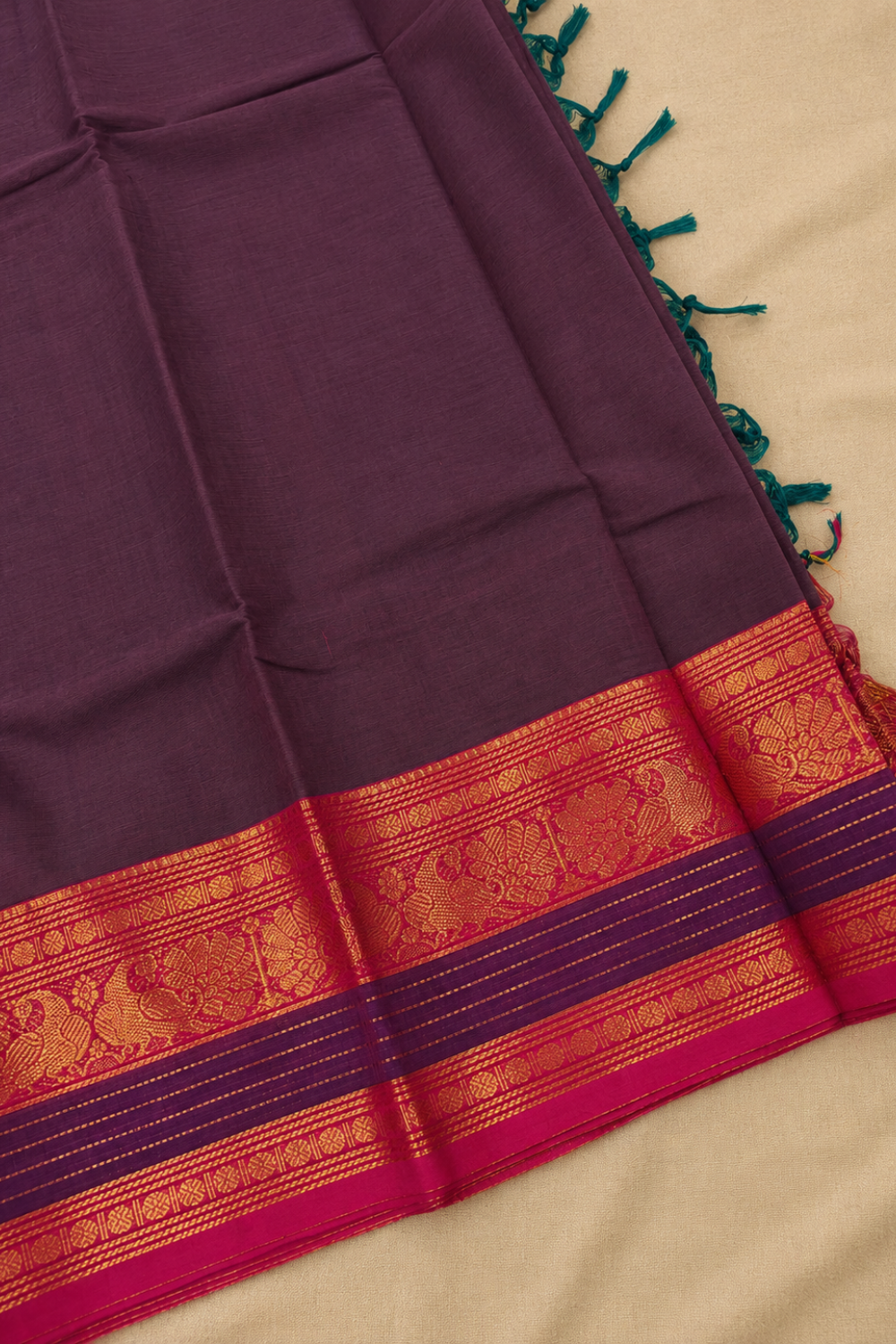 Purple Handloom Chettinad Cotton Saree with Rani Pink Peacock Motif Border