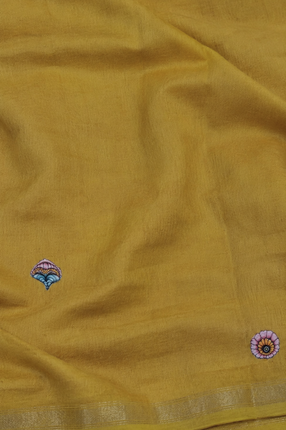 Mustard Yellow Linen Chanderi Saree with Floral & Peacock Print