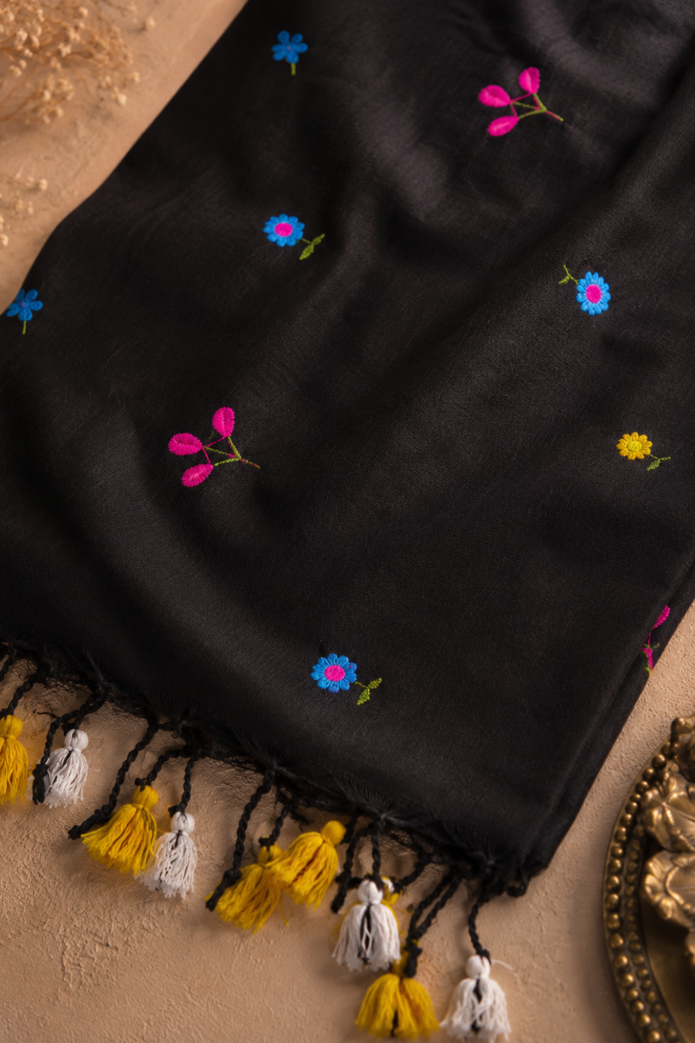 Black Linen Cotton Saree with Multicolour Floral Embroidery