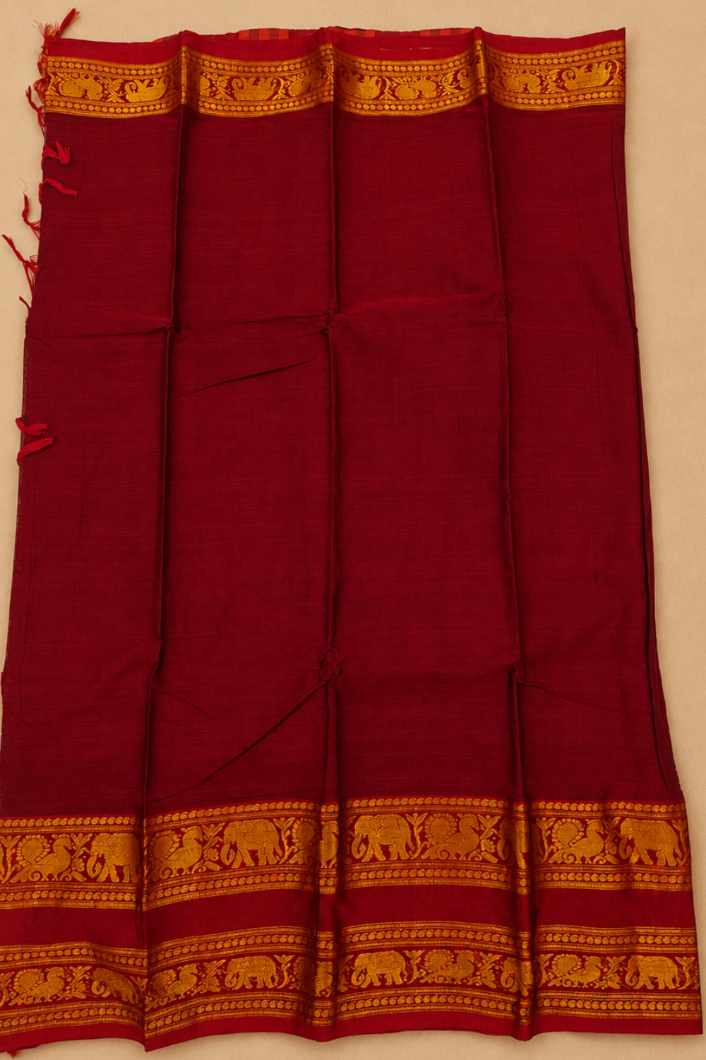Maroon Narayanpet Cotton Saree with Traditional Gold Zari Border & Running Blouse