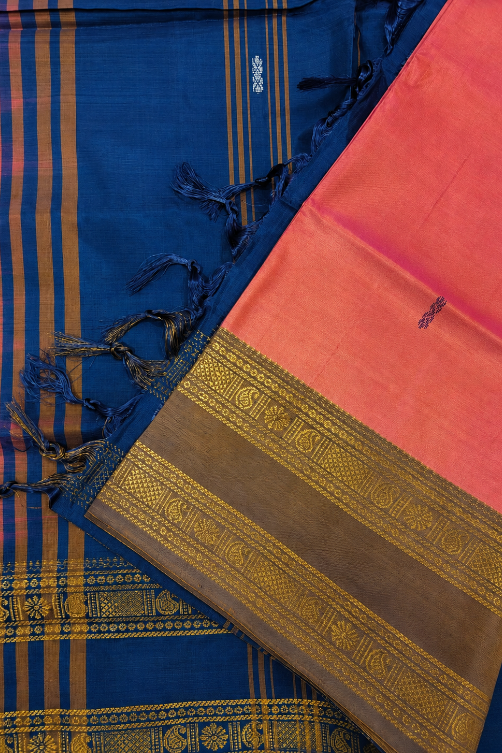 Pink and Orange dual tone & Navy Blue Vazhainaar Pattu Saree with Rich Contrast Zari Pallu