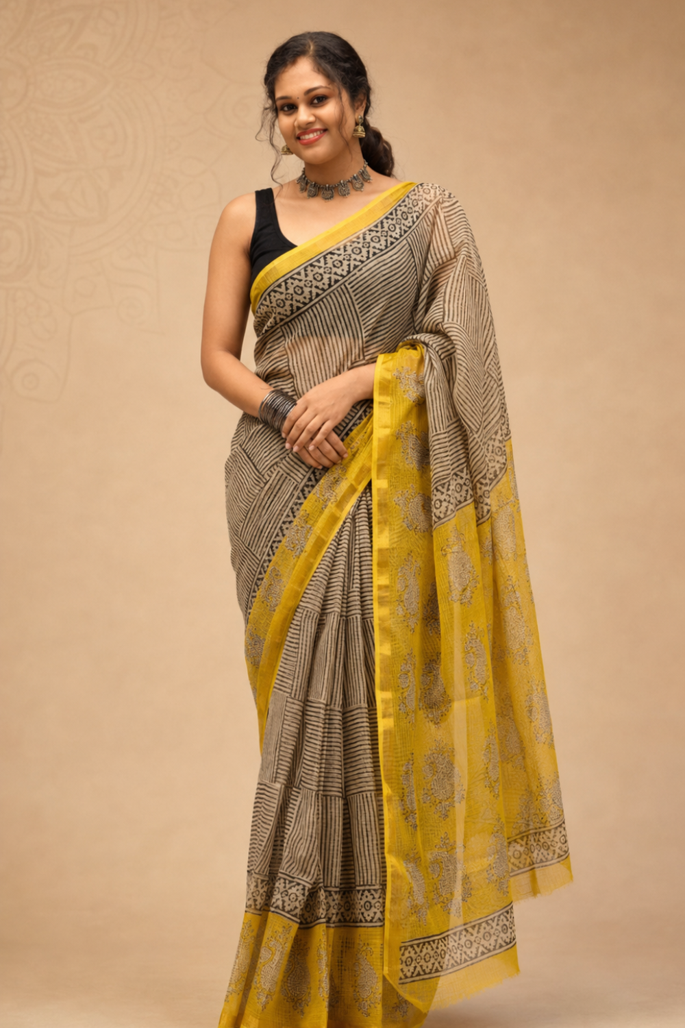 Mustard & Black Hand Block Printed Kota Doria Saree