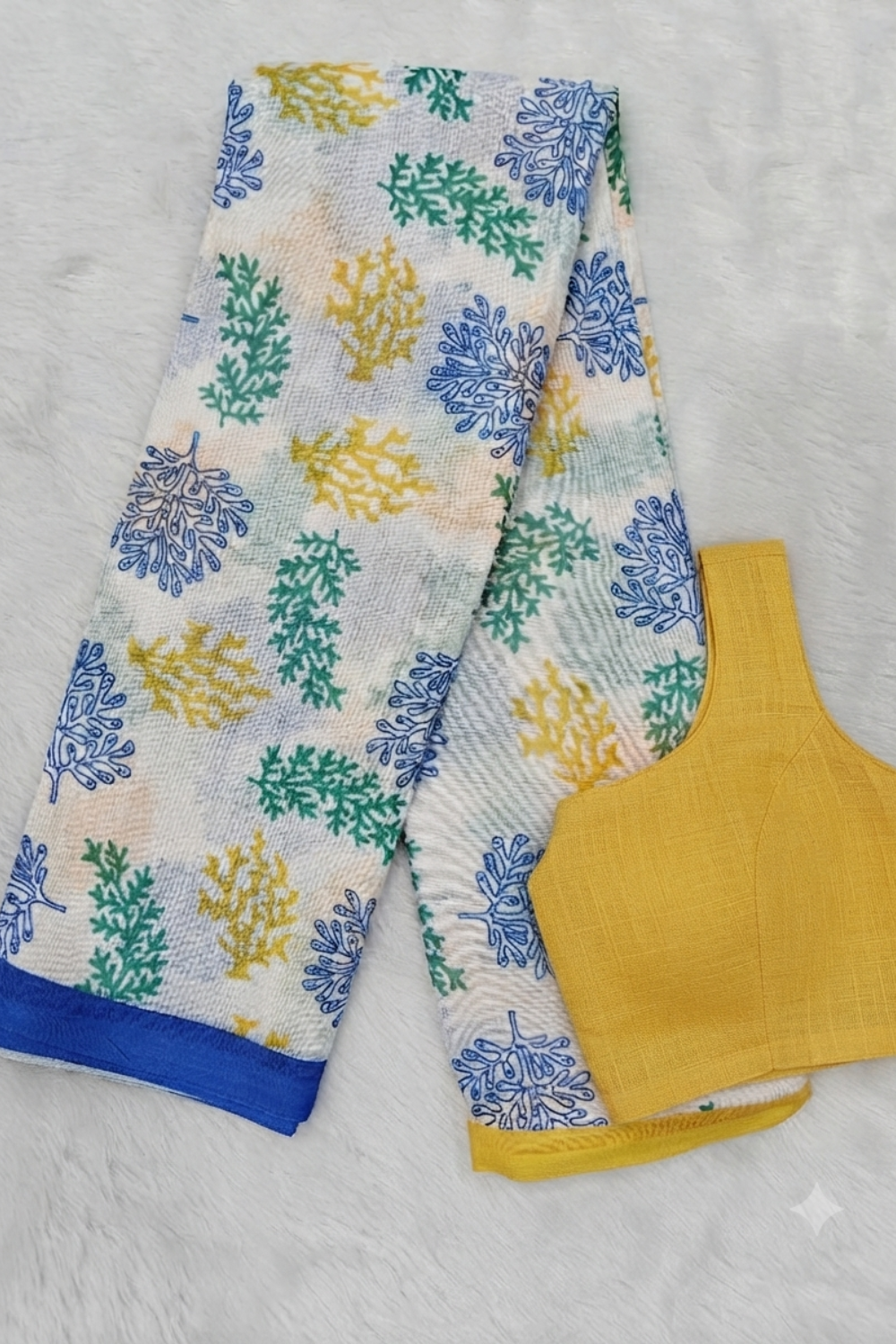 Blue Border Floral Printed Linen Blend Saree with Striped Pallu