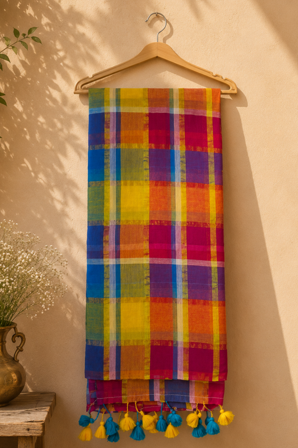 Multicolour Checked Mul Mul Cotton Saree
