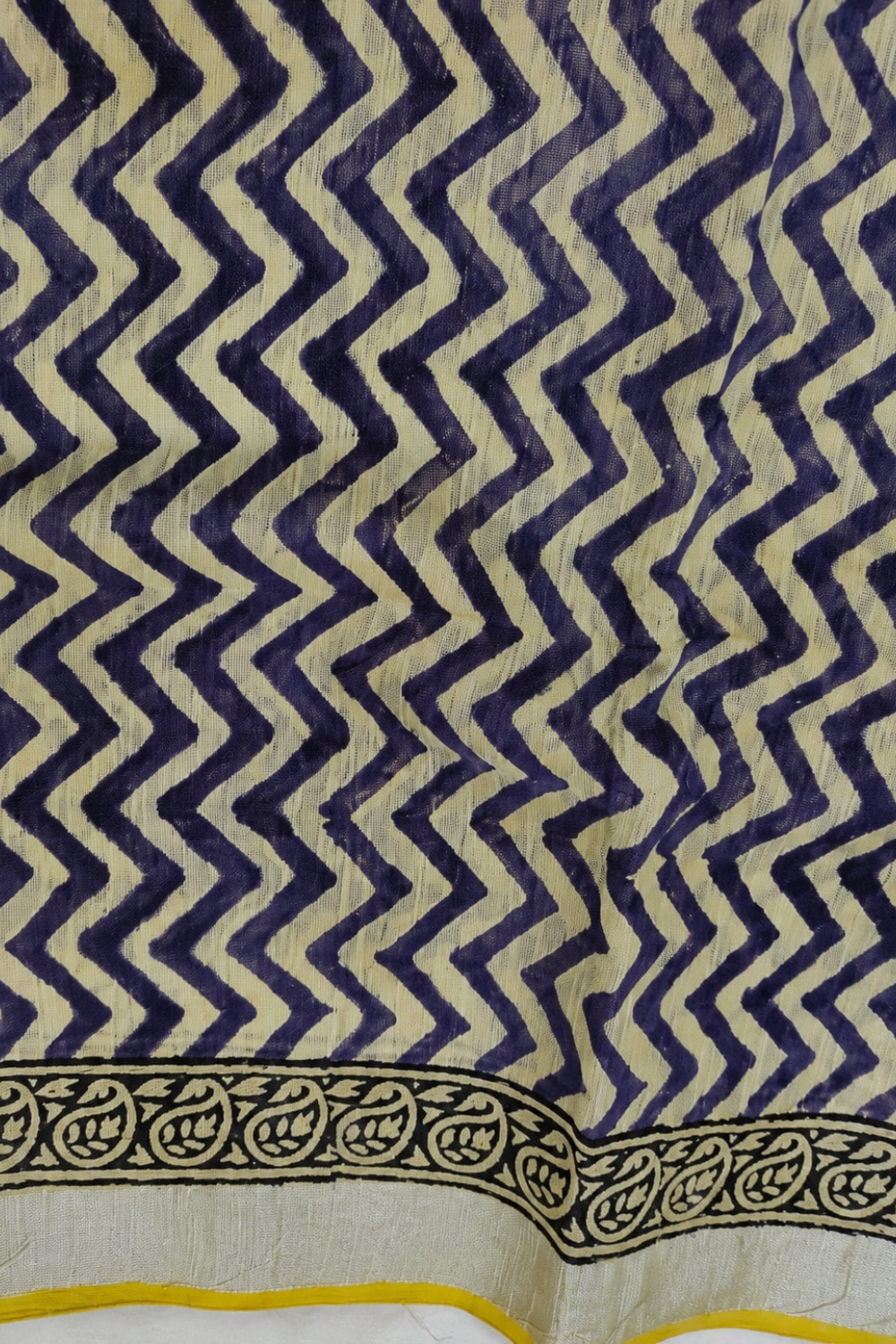 Ivory & Lavender Chevron Print Linen Saree with Mustard Accents