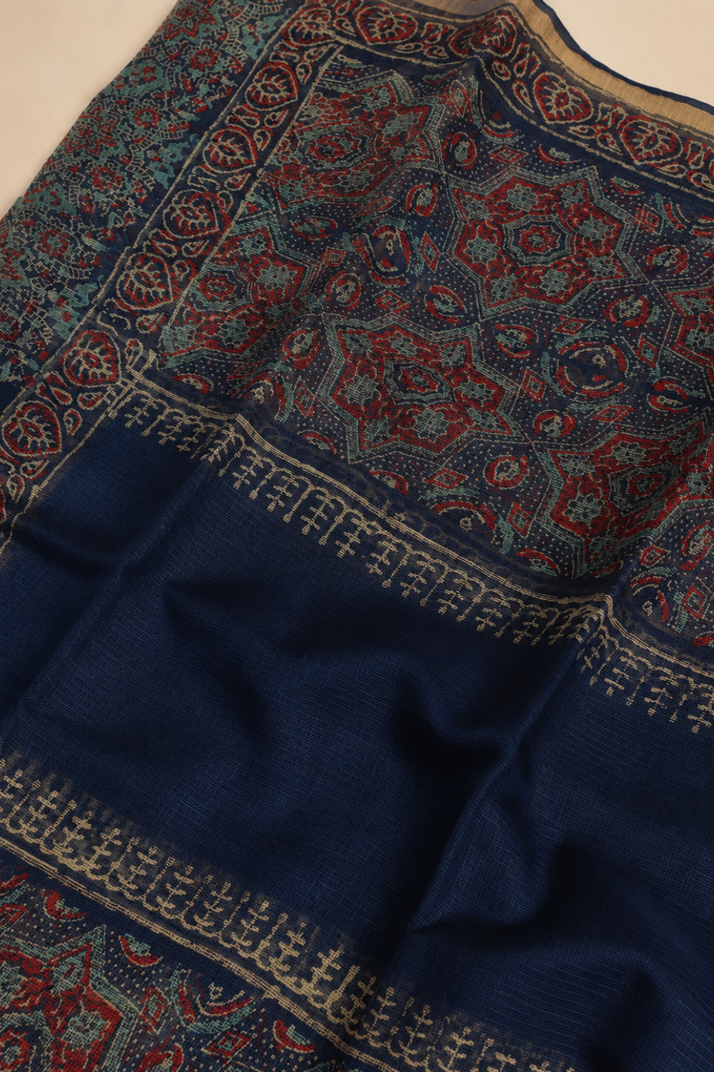Navy Blue Hand Block Print Kota Doria Saree with Ajrakh Pallu
