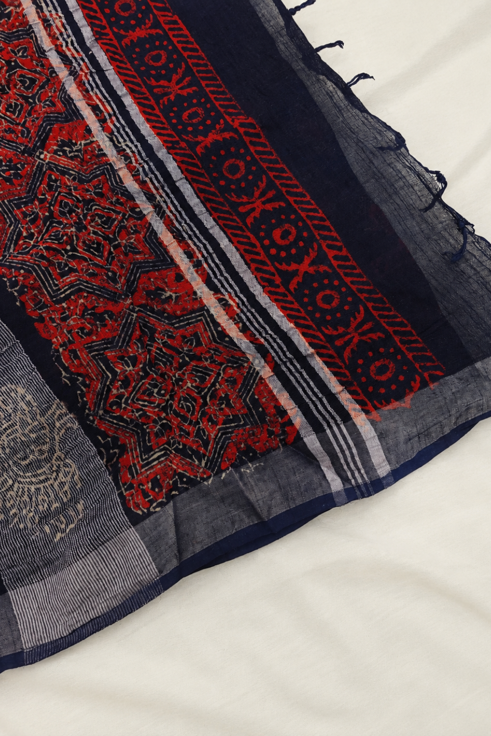 Navy Blue Linen Saree with Traditional Block Prints
