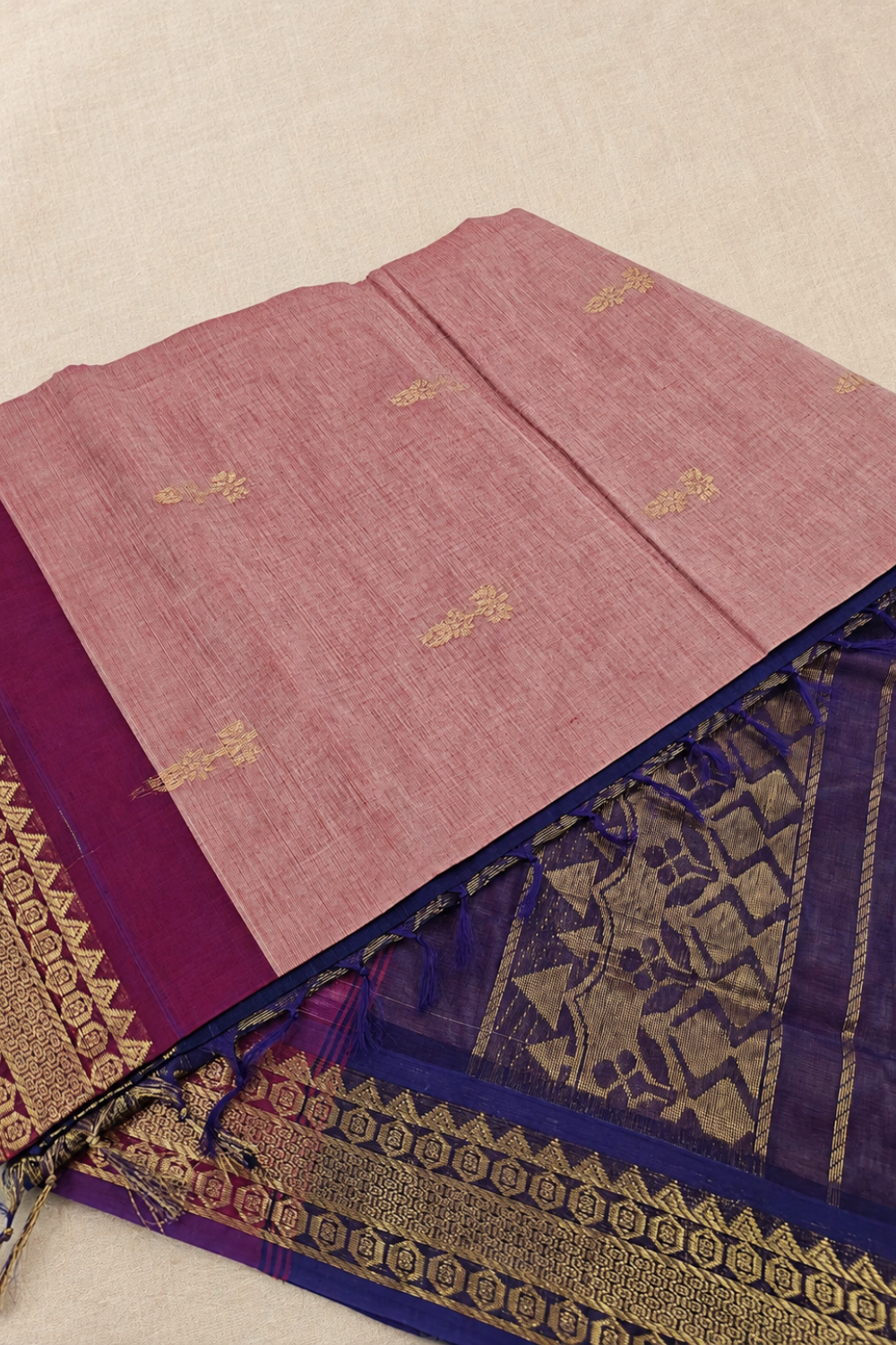 Blush Pink & Violet Chettinad Cotton Saree with Traditional Gold Zari Border