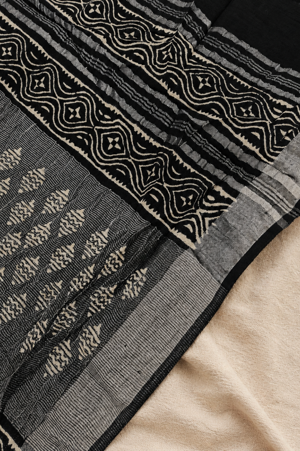 Black Hand Block Print Linen Saree with Woven Geometric Border