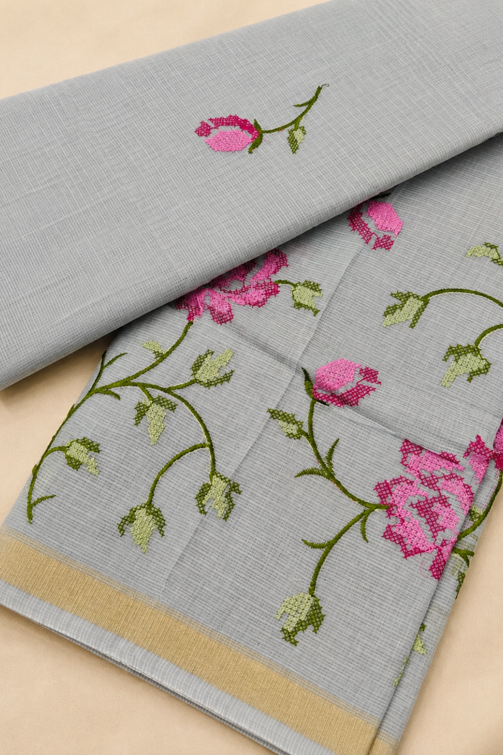 Elegant Dove Grey Embroidered Kota Saree