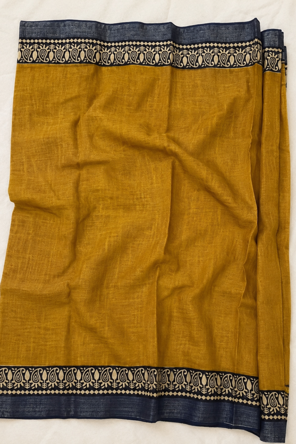 Mustard Yellow Linen Saree with Traditional Block Print