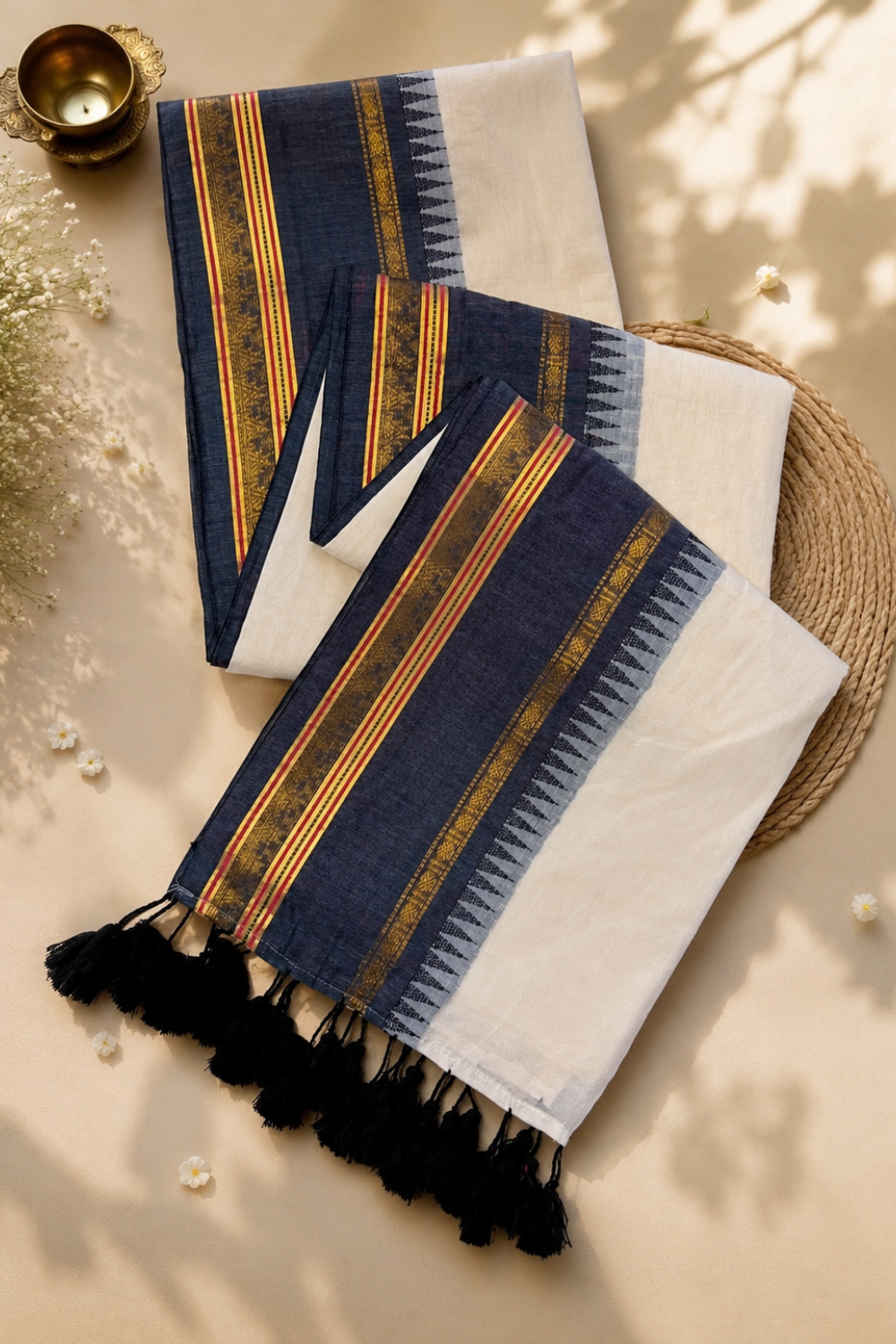 Off White Mul Mul Cotton Saree with Grey Temple Border