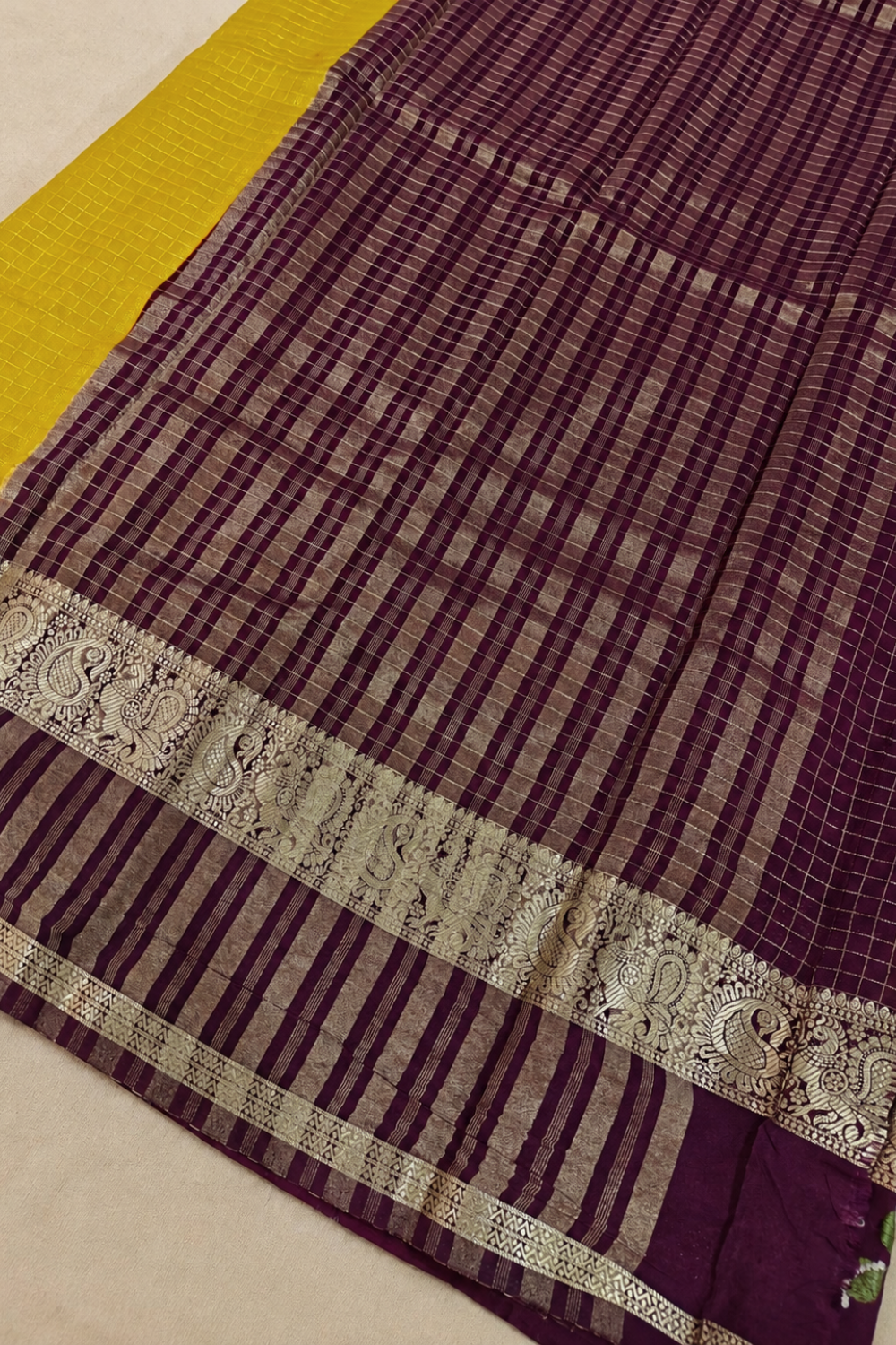 Mustard Yellow Mysore Crepe Saree with Rich Floral Contrast Border & Blouse
