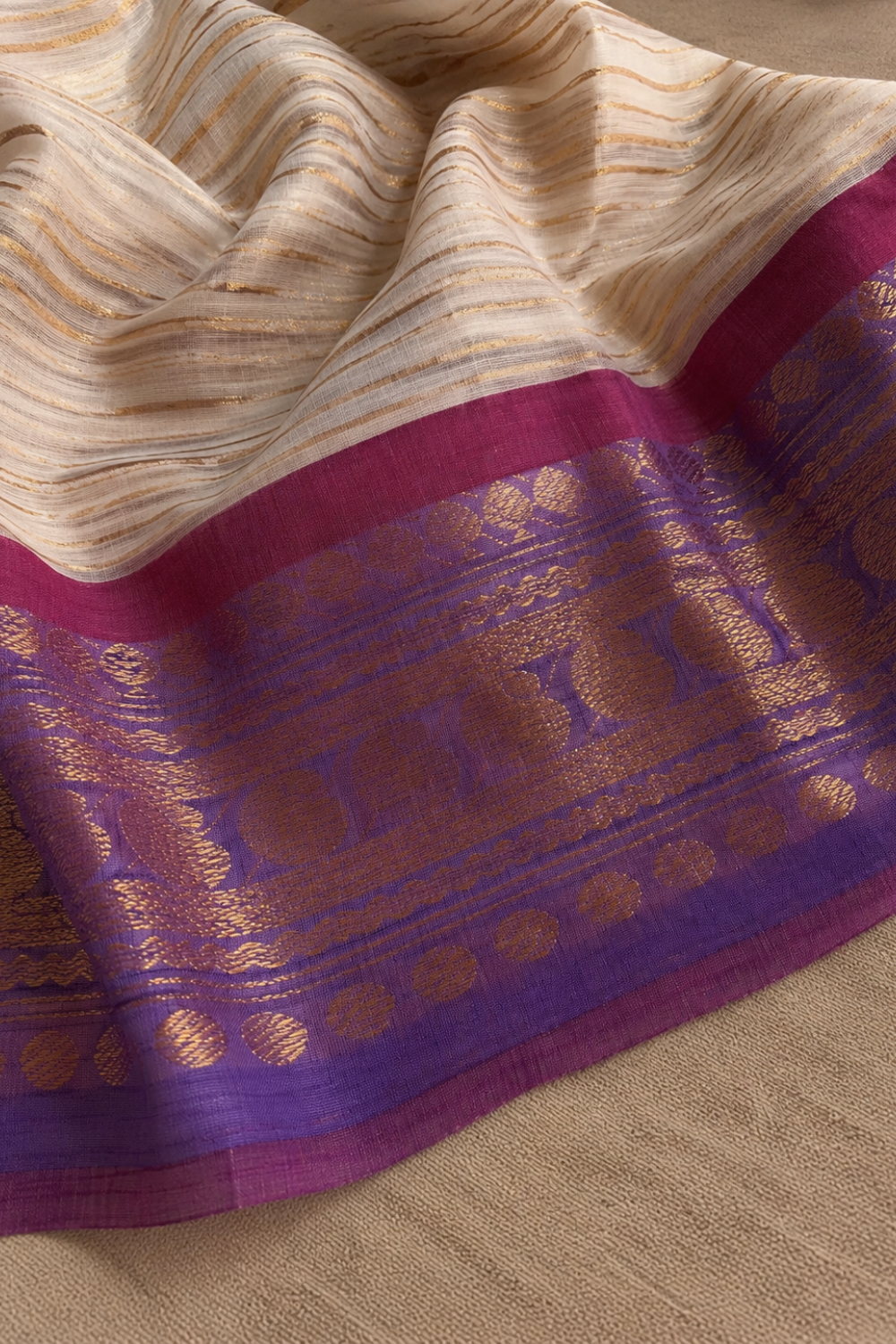Off White 120 Count Mul Mul Cotton Saree with Violet Zari Border & Golden Stripes