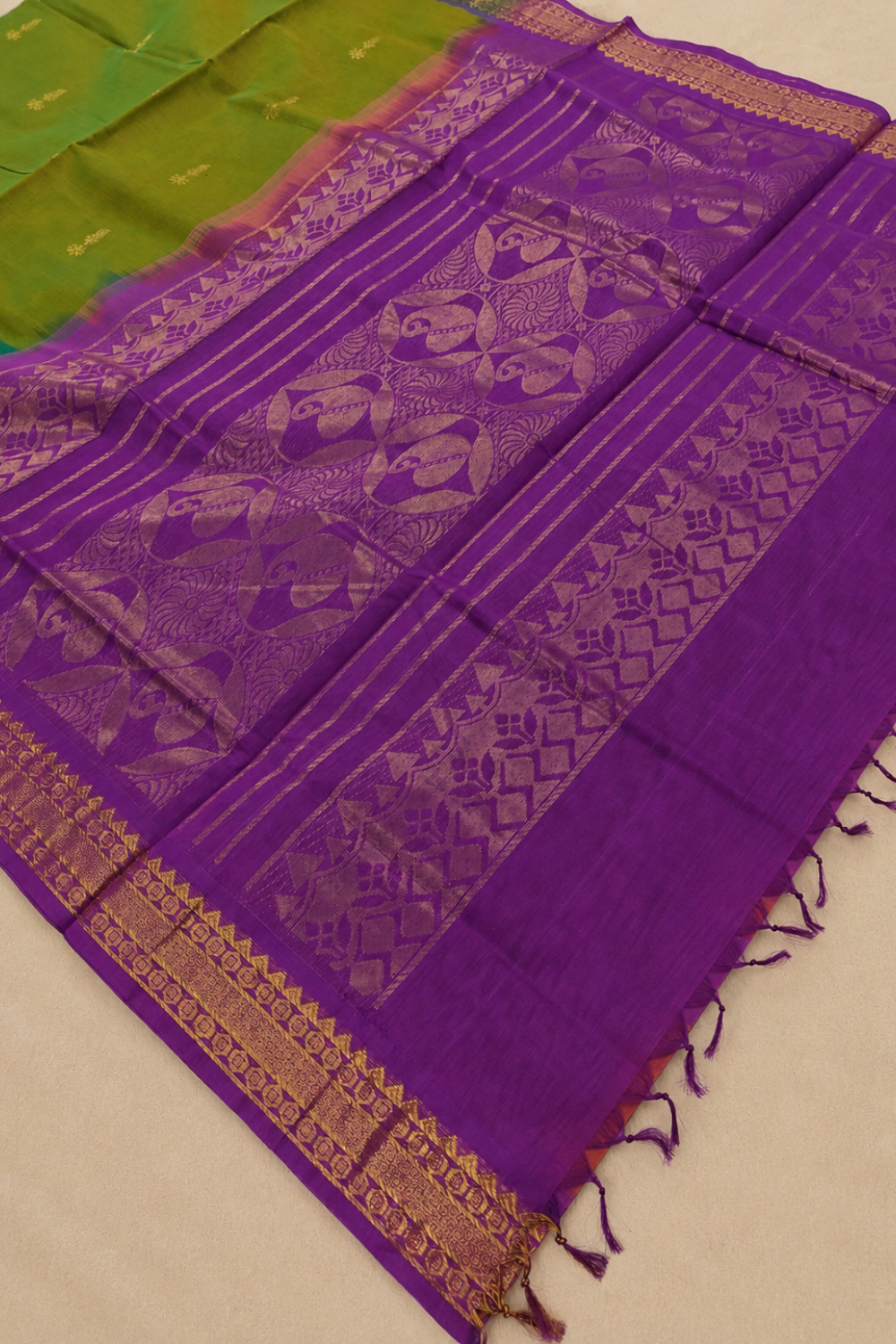Parrot Green & Purple Chettinad Cotton Saree with Traditional Gold Motifs