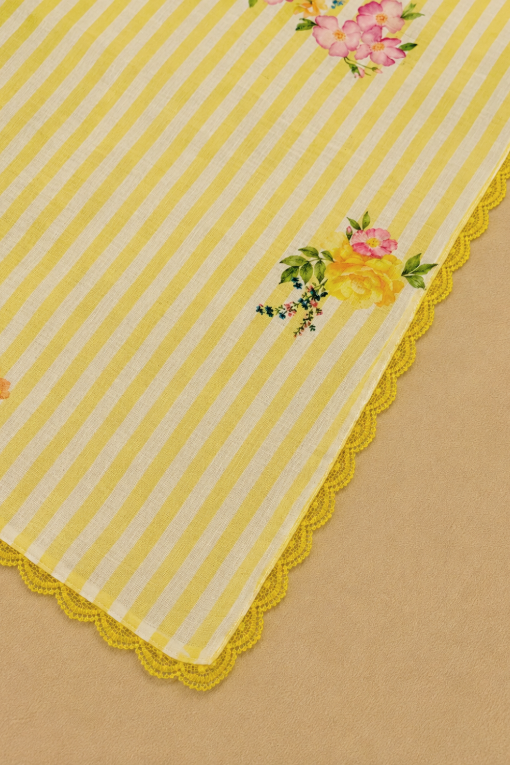 Yellow & White Striped Linen Saree with Floral Prints