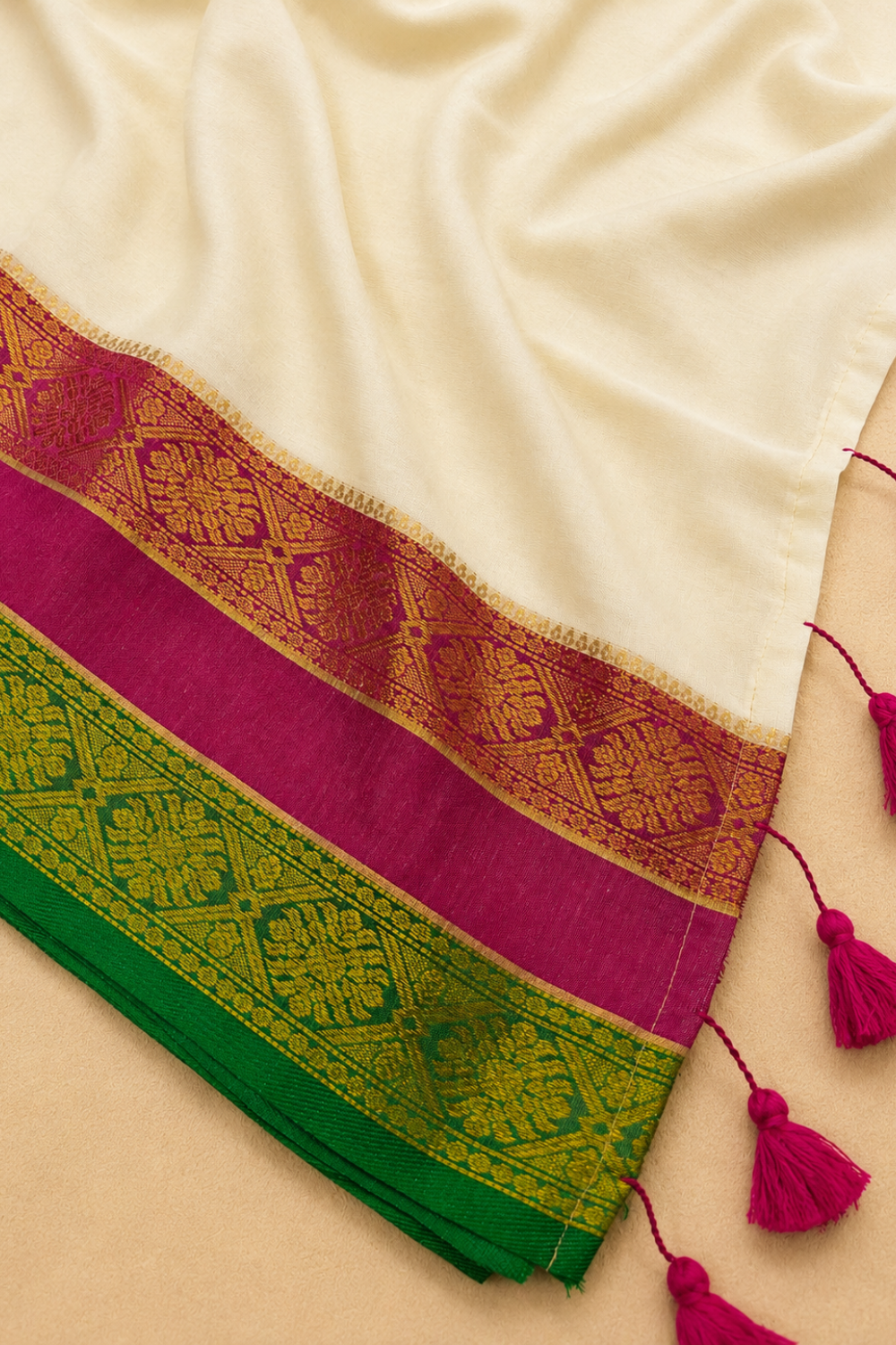 Off White Mul Mul Cotton Saree with Pink & Green Border