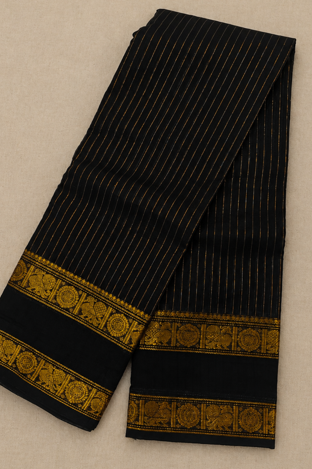 Classic Black Chettinad Cotton Saree with Traditional Golden Temple Border