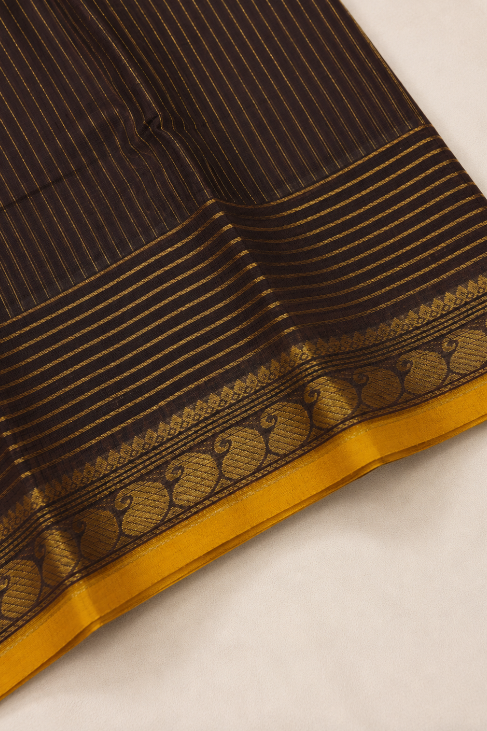 Coffee Brown Handloom Chettinad Cotton Saree with Stripes, Mango Motif Border & Mustard Yellow Selvedge