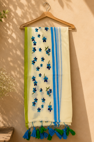 Off White 120 Count Mul Mul Cotton Saree with Blue Floral Embroidery
