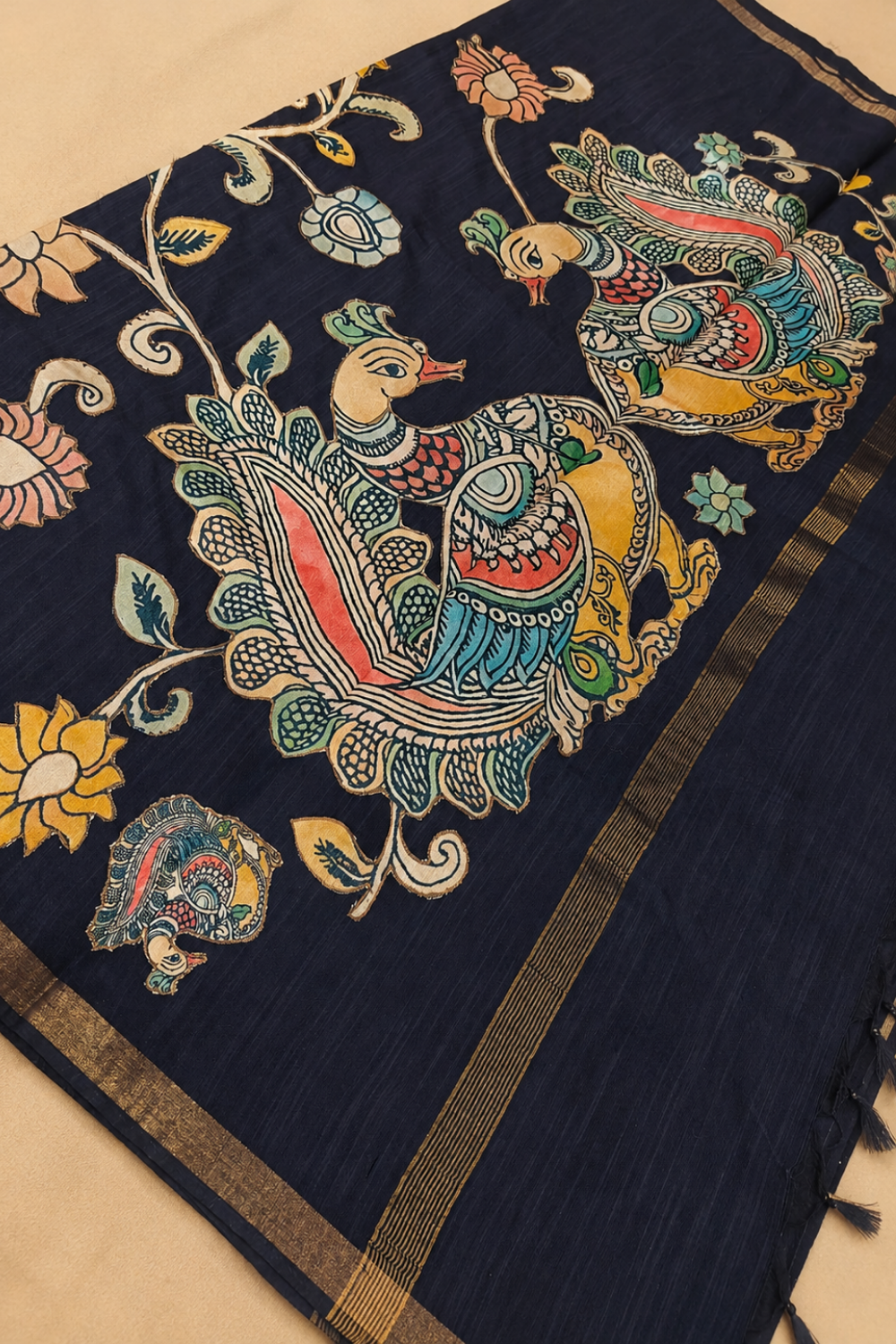 Navy Blue Linen Saree with Multicolour Appliqué Peacock & Floral Work